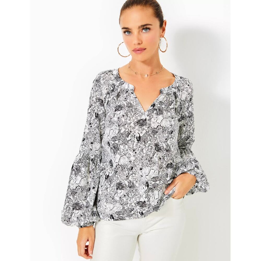 Lilly Pulitzer Womens L Black White Floral Zebra Sullivan Puff Sleeve Blouse